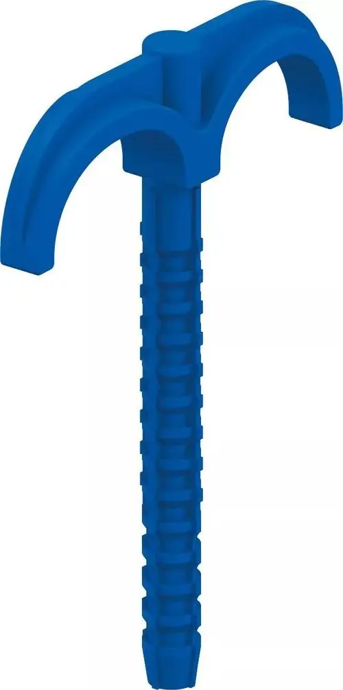 Blauer Teck Dübelhaken mit gebogener oberer Kante und gewelltem Schaft. Produkt von Uponor für die Befestigung in Konstruktionen.
